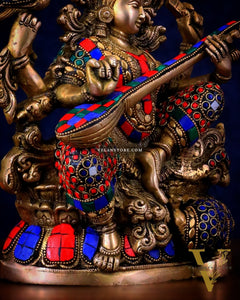 Saraswati brass idol 11 inch with Stonework
