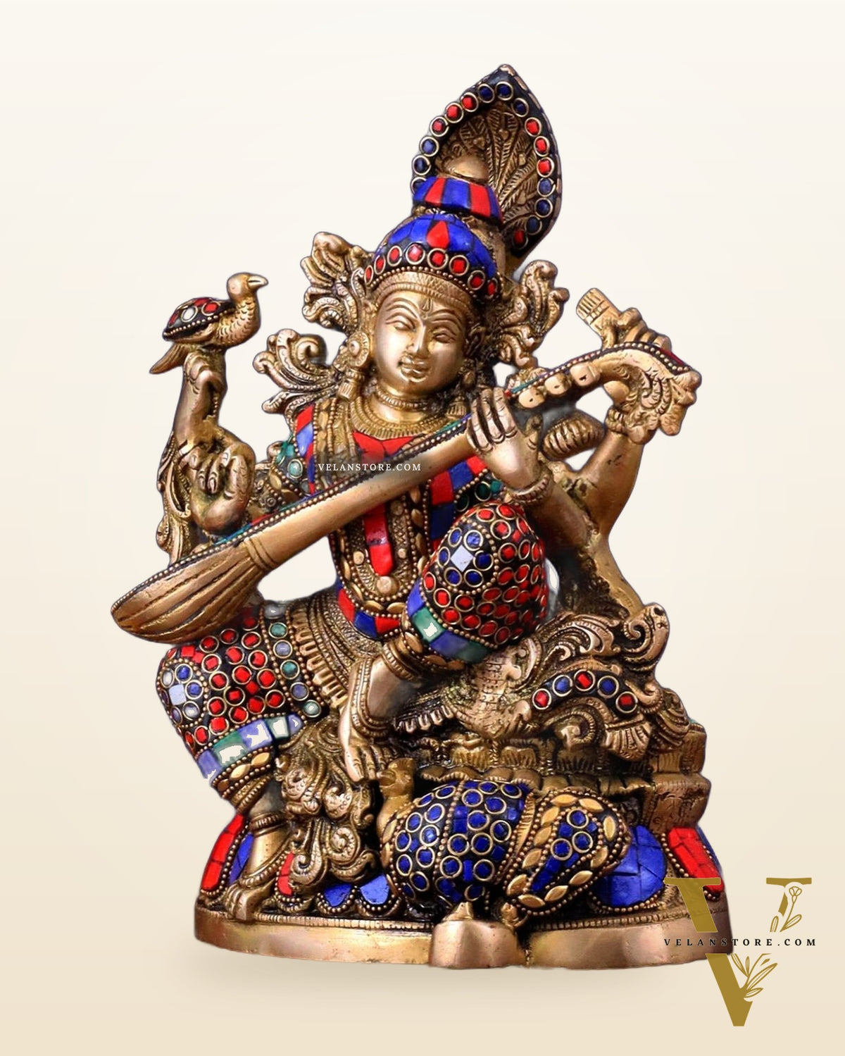 Saraswati brass idol 11 inch with Stonework