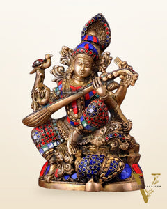 Saraswati brass idol 11 inch with Stonework