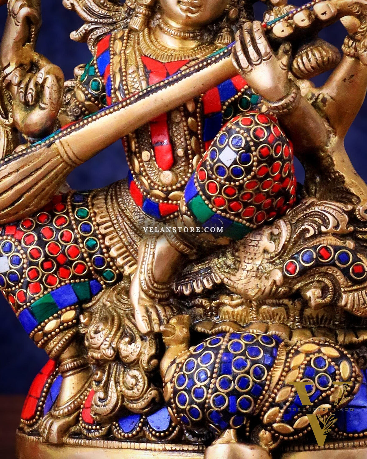 Saraswati brass idol 11 inch with Stonework