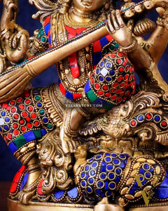 Saraswati brass idol 11 inch with Stonework