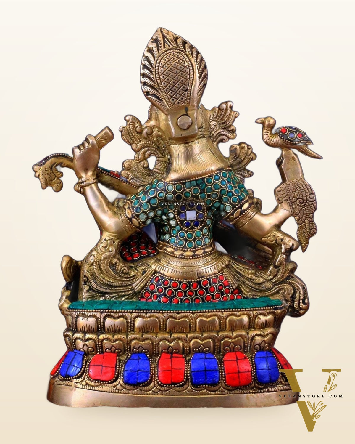 Saraswati brass idol 11 inch with Stonework