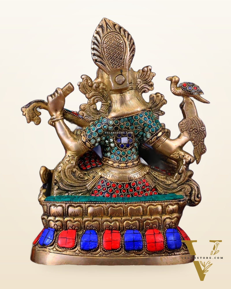 Saraswati brass idol 11 inch with Stonework