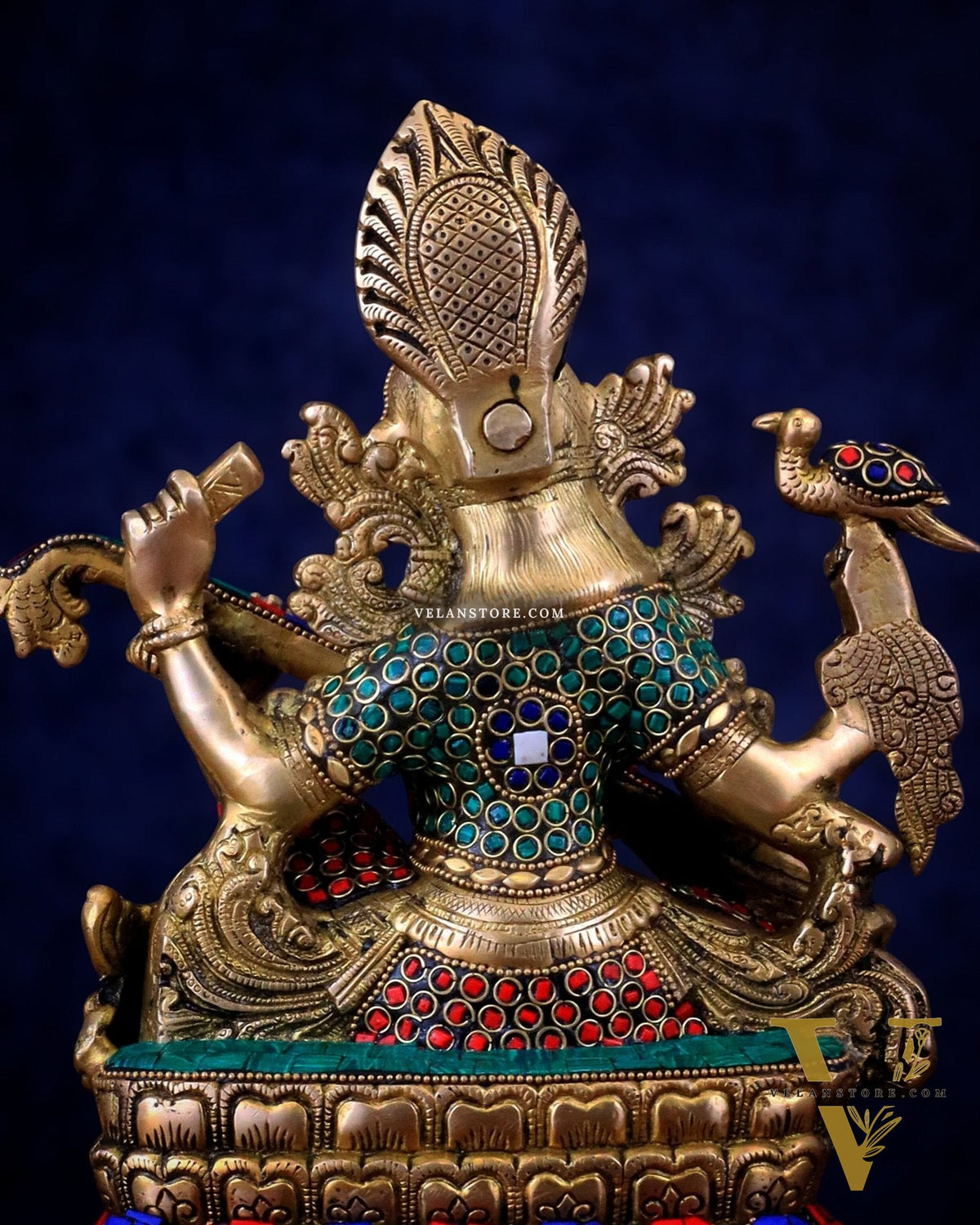 Saraswati brass idol 11 inch with Stonework