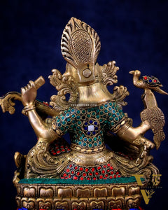 Saraswati brass idol 11 inch with Stonework