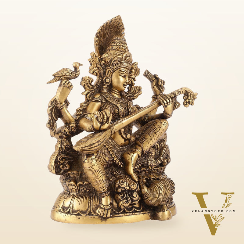 Saraswati brass idol 11 inches antique