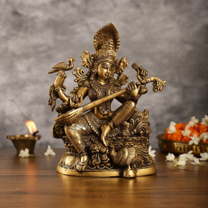 Saraswati brass idol 11 inches antique