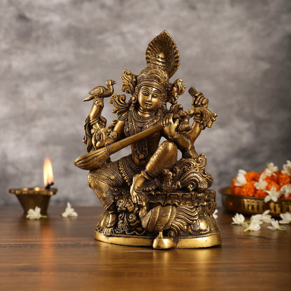 Saraswati brass idol 11 inches antique
