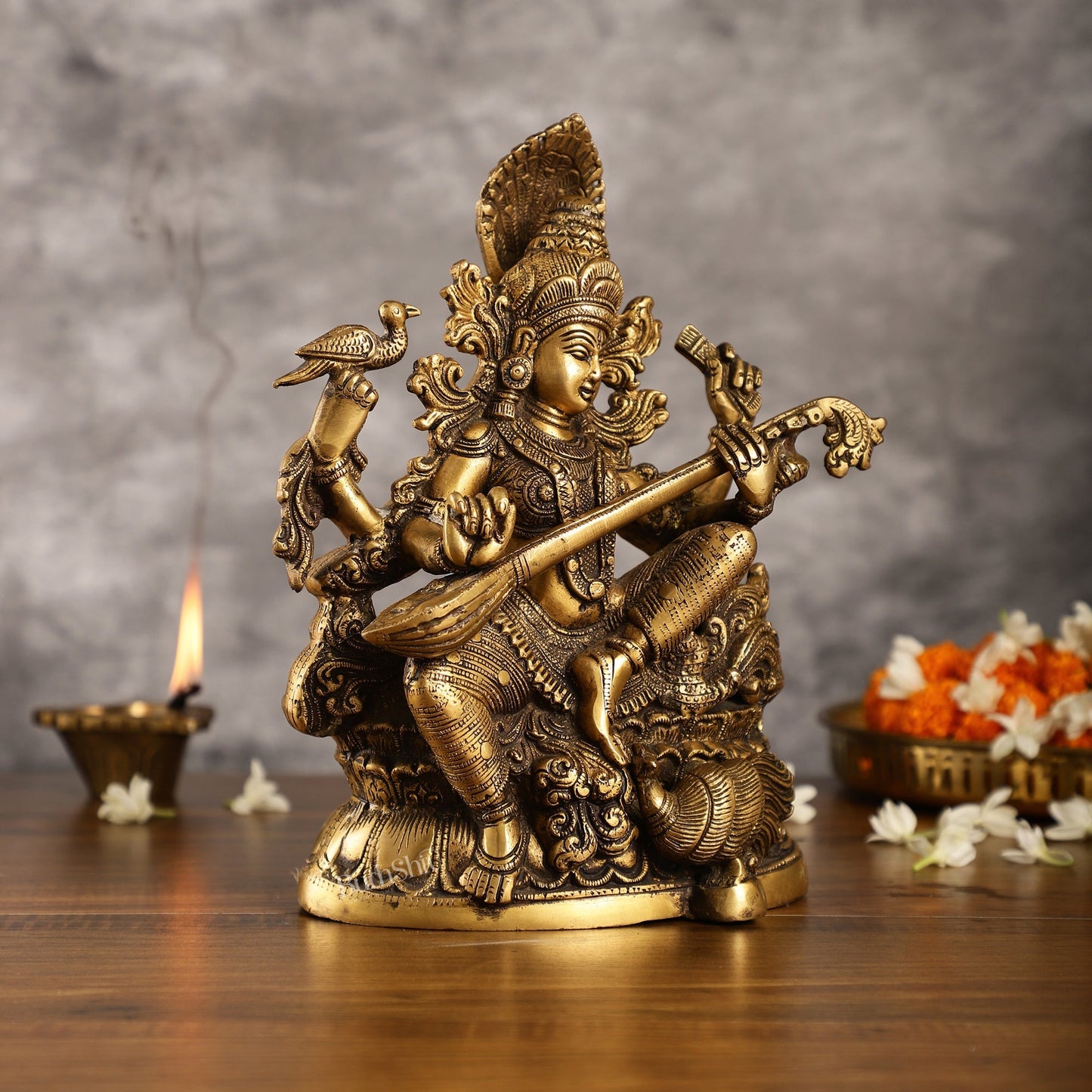 Saraswati brass idol 11 inches antique