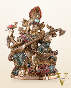 Saraswati brass idol 11 inches multi colour stonework