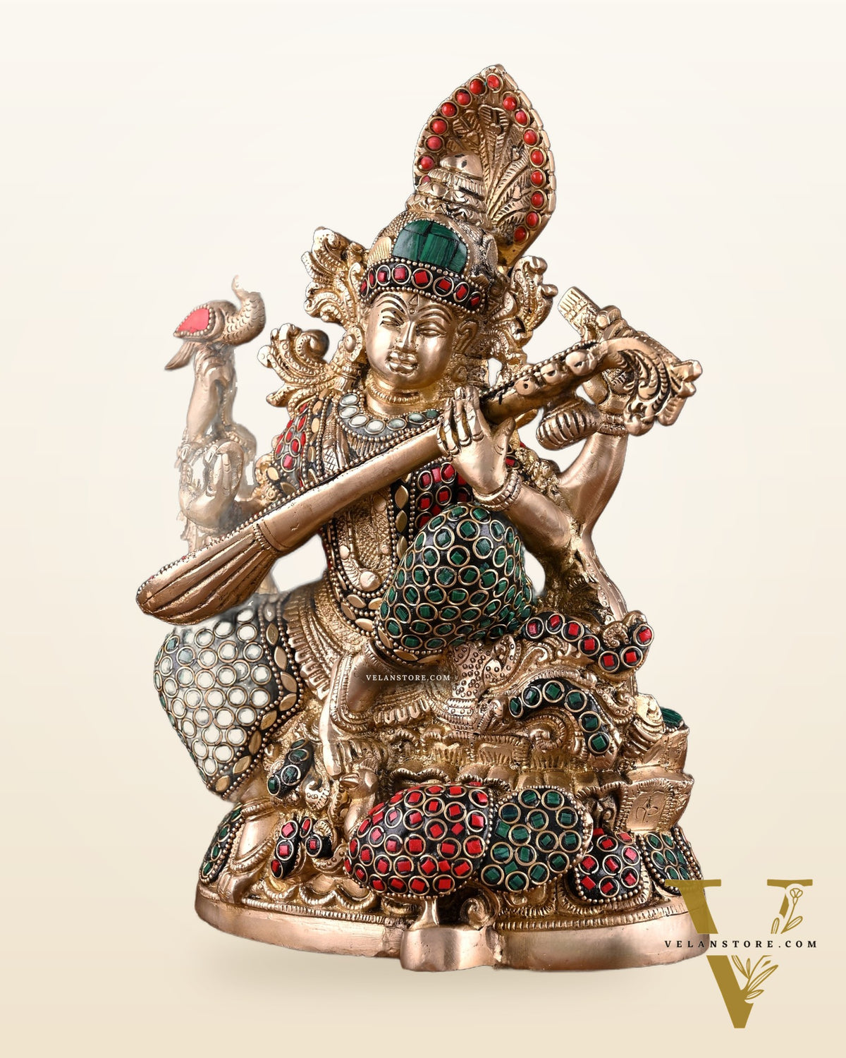 Saraswati brass idol 11 inches multi colour stonework