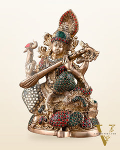 Saraswati brass idol 11 inches multi colour stonework
