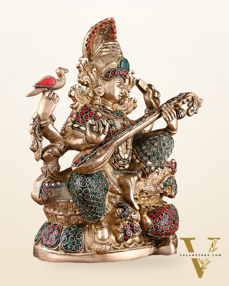 Saraswati brass idol 11 inches multi colour stonework