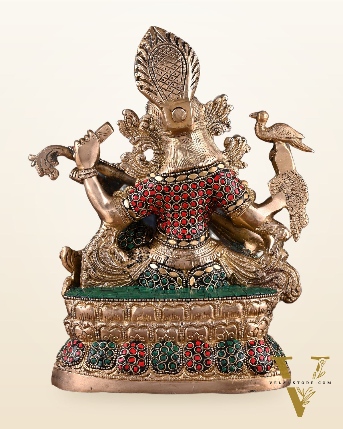 Saraswati brass idol 11 inches multi colour stonework