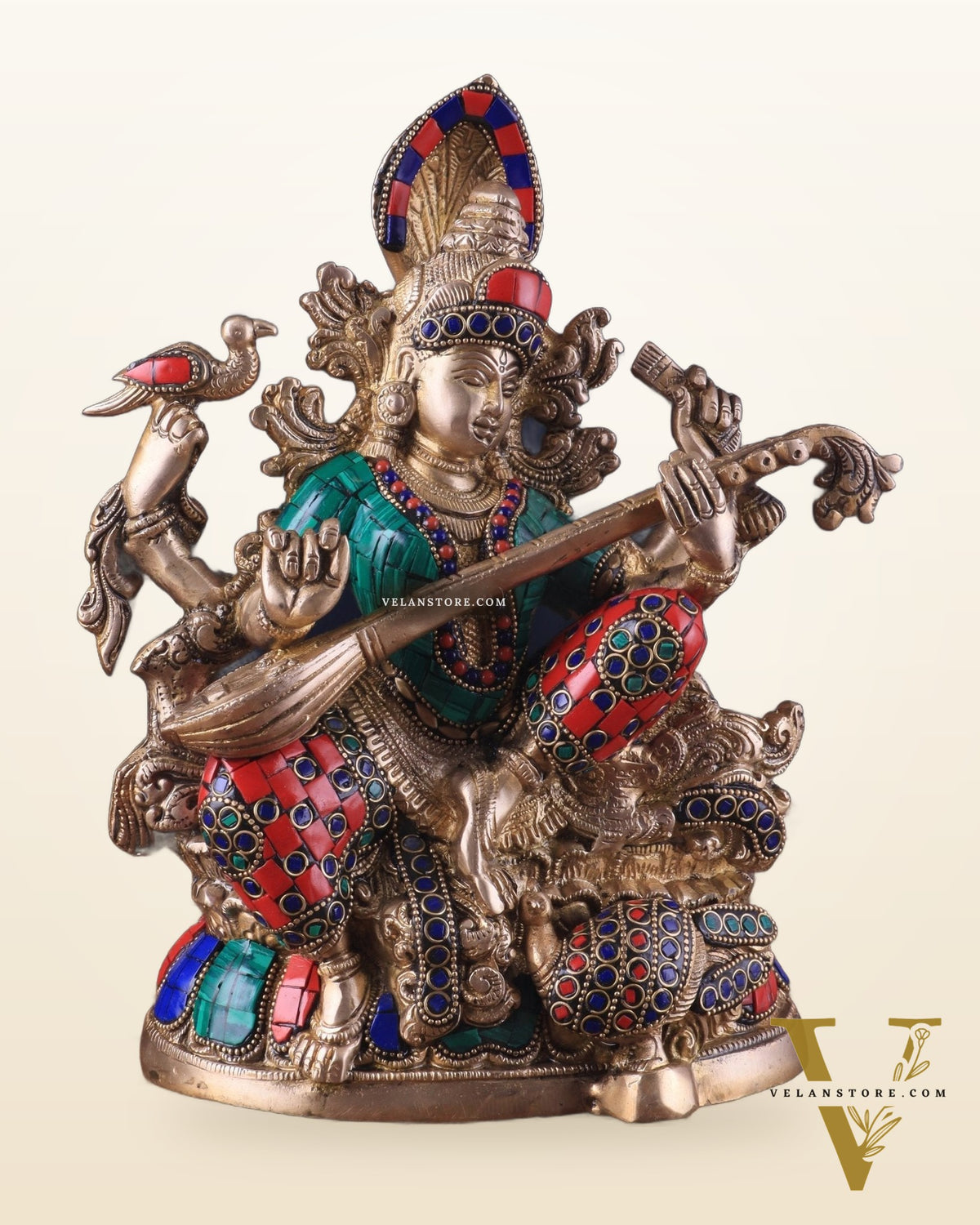 Saraswati brass idol 11 inches multi colour