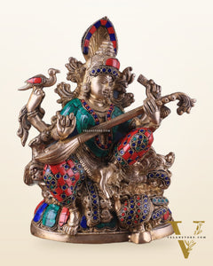 Saraswati brass idol 11 inches multi colour