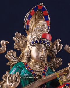 Saraswati brass idol 11 inches multi colour