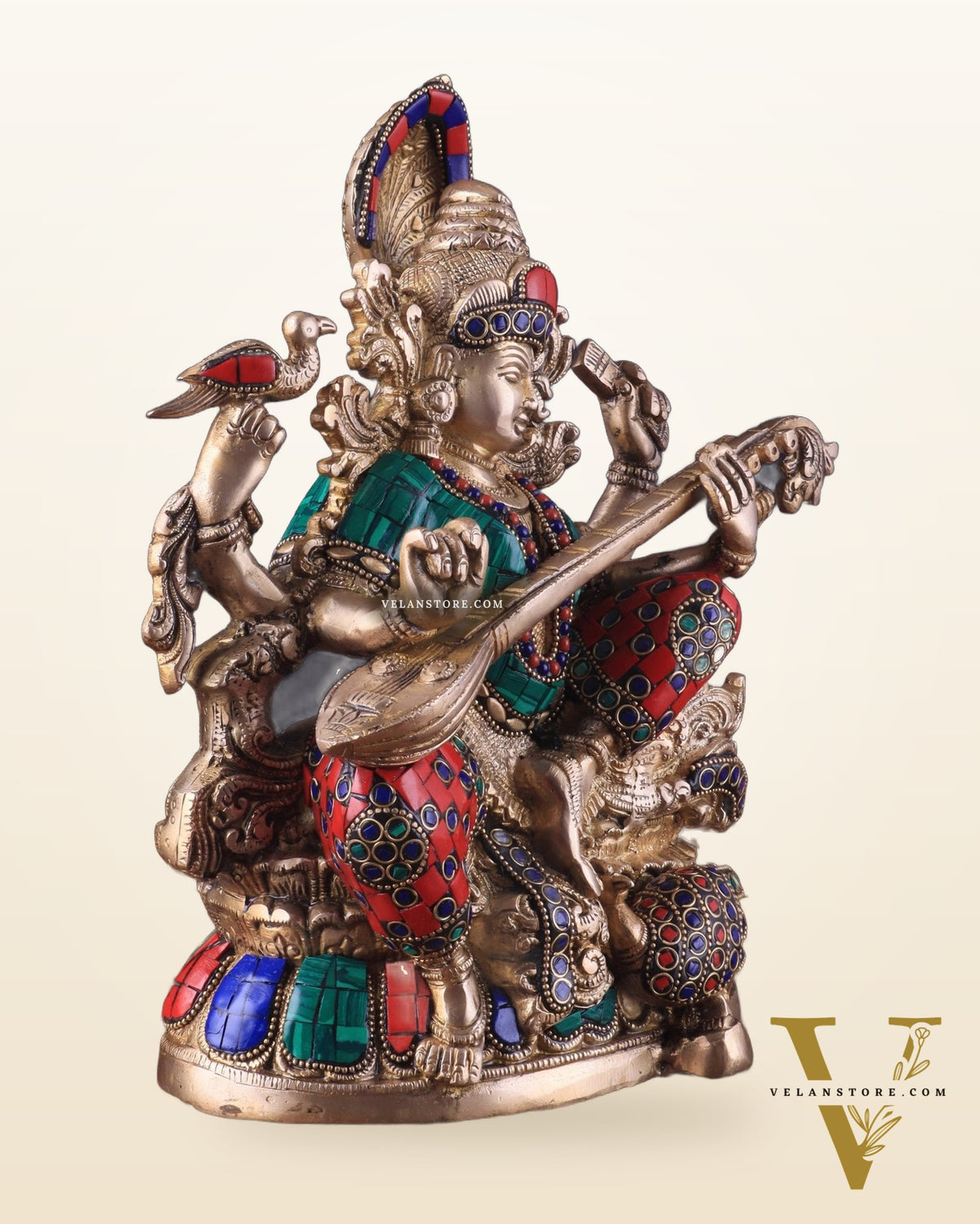 Saraswati brass idol 11 inches multi colour