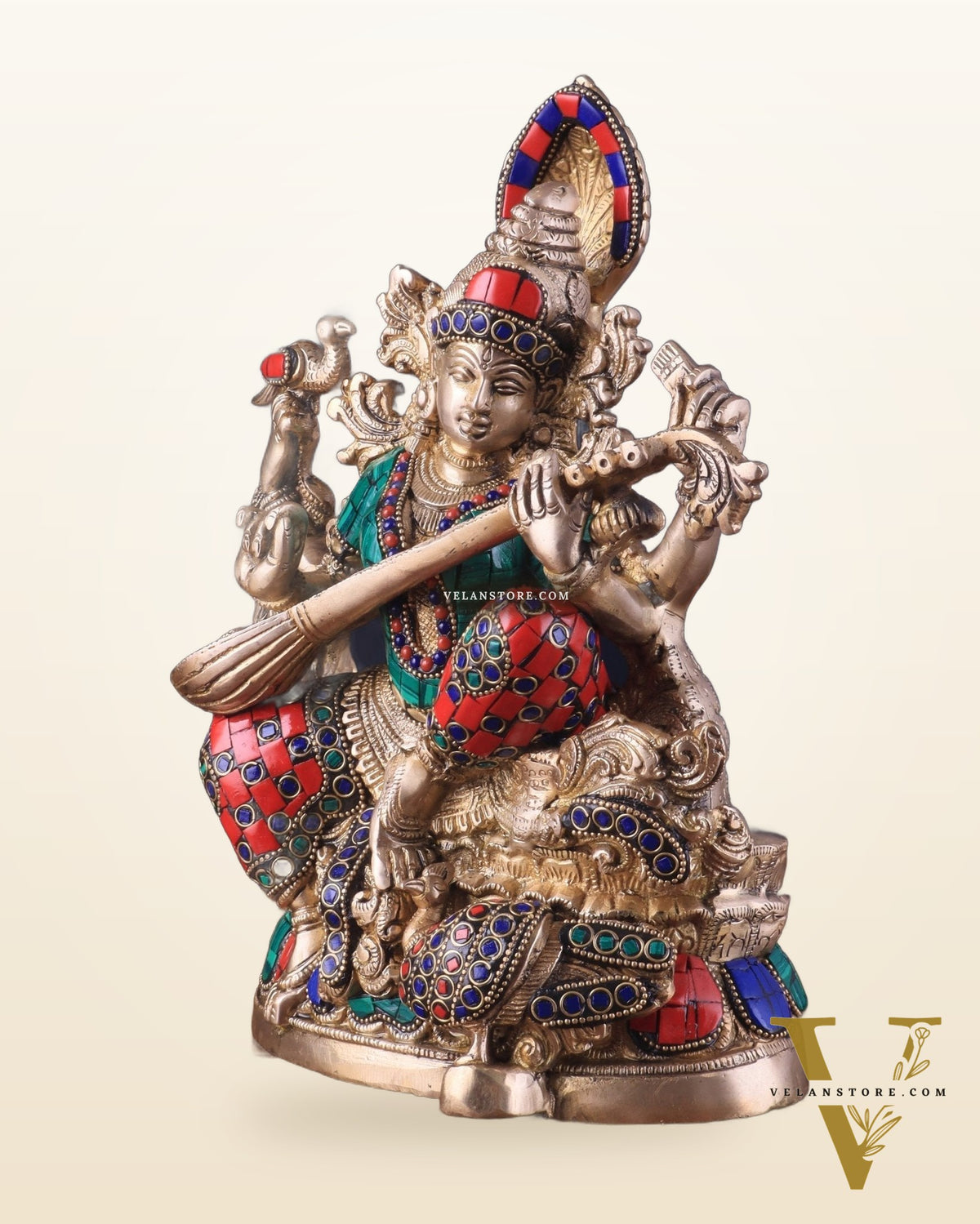 Saraswati brass idol 11 inches multi colour