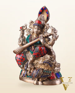 Saraswati brass idol 11 inches multi colour