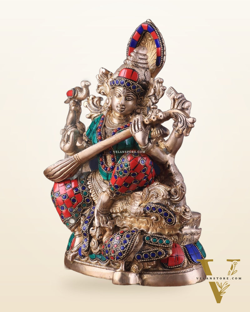 Saraswati brass idol 11 inches multi colour