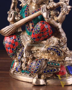 Saraswati brass idol 11 inches multi colour