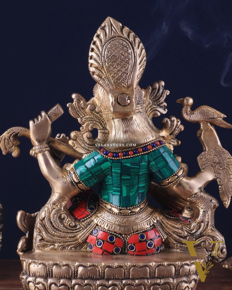 Saraswati brass idol 11 inches multi colour