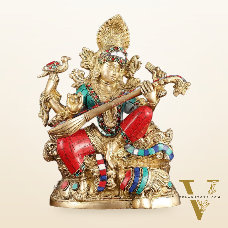 Saraswati brass idol 11 inches multicolour