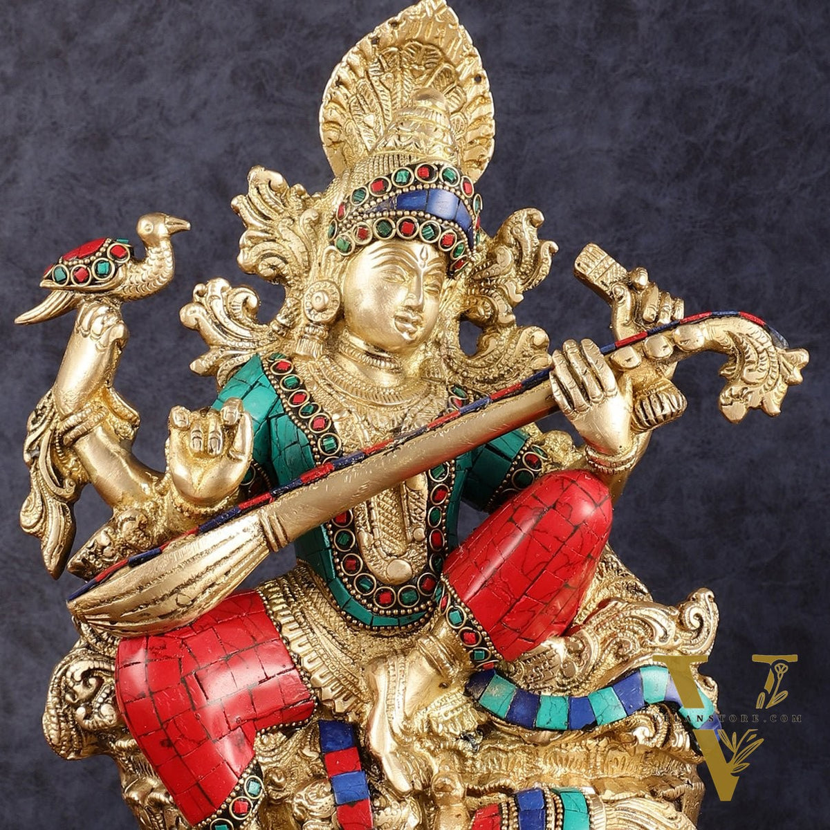 Saraswati brass idol 11 inches multicolour