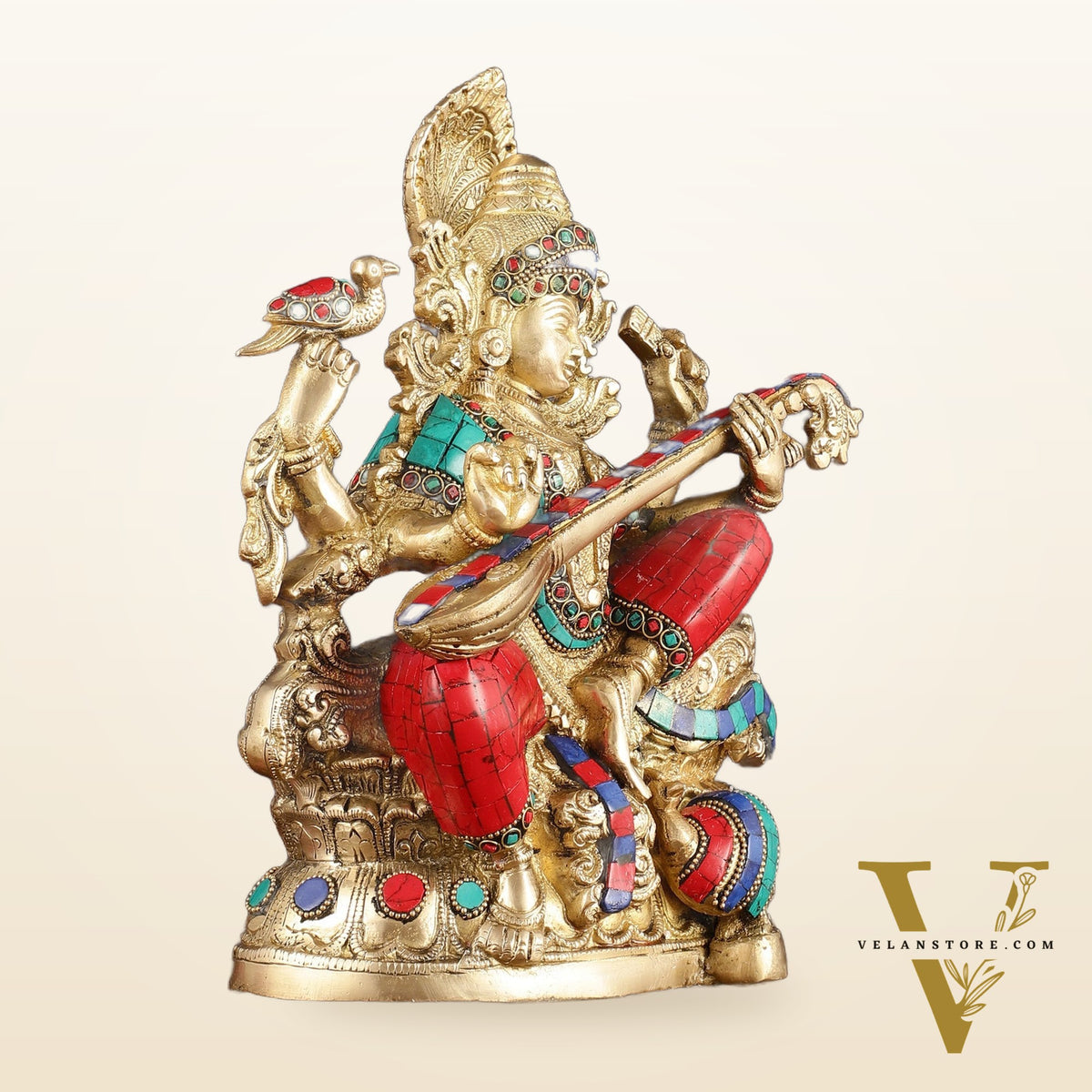 Saraswati brass idol 11 inches multicolour