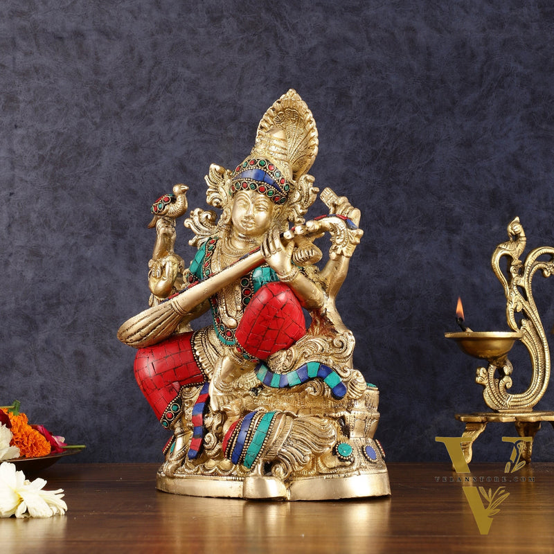 Saraswati brass idol 11 inches multicolour