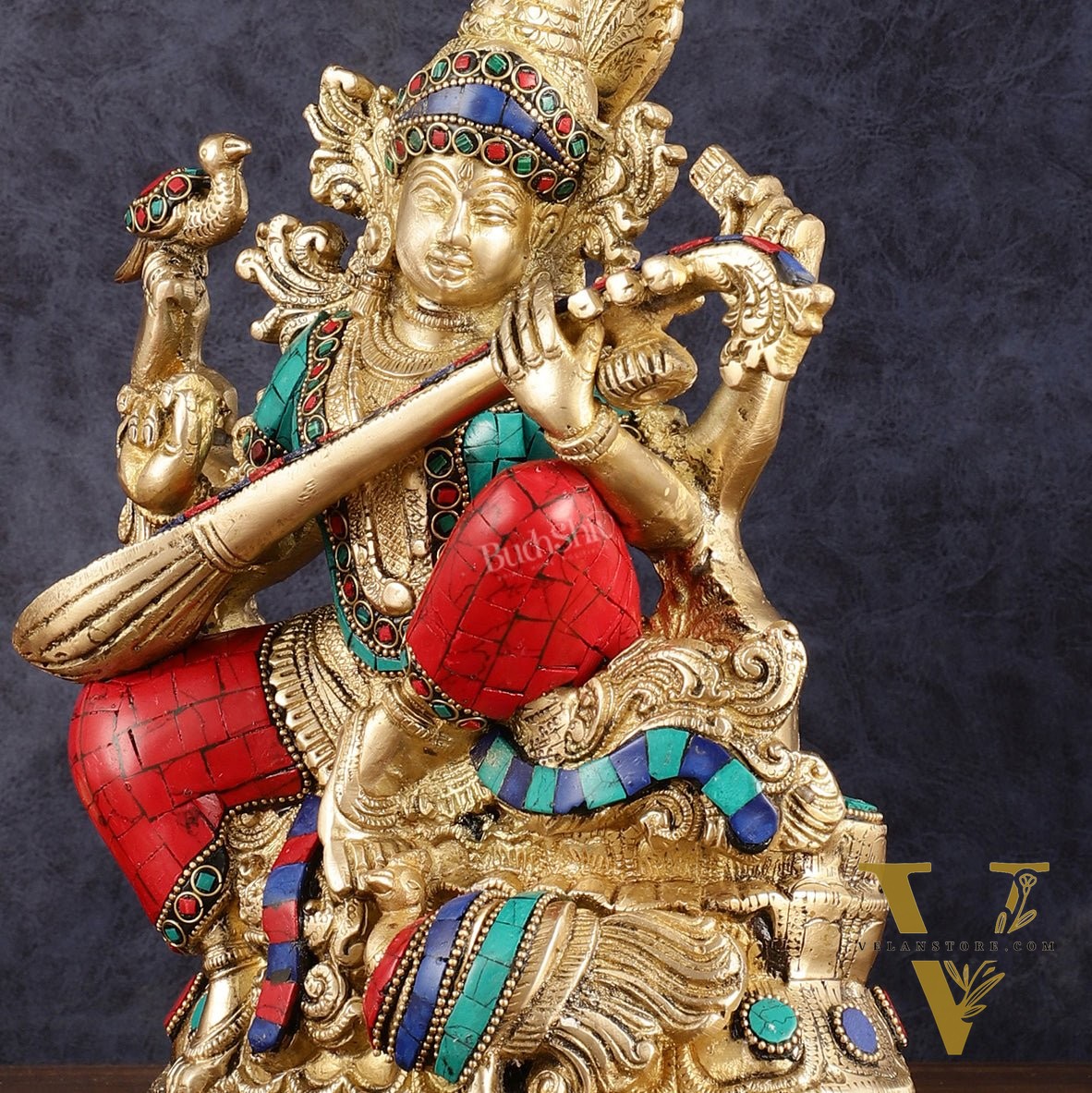 Saraswati brass idol 11 inches multicolour