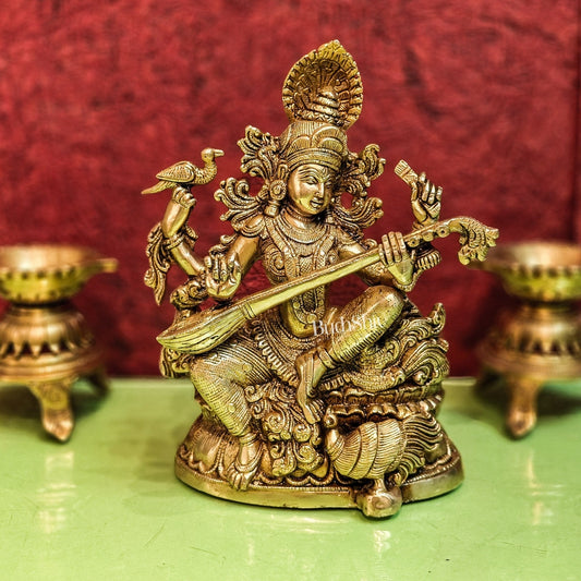 Saraswati brass idol 11 inch shine