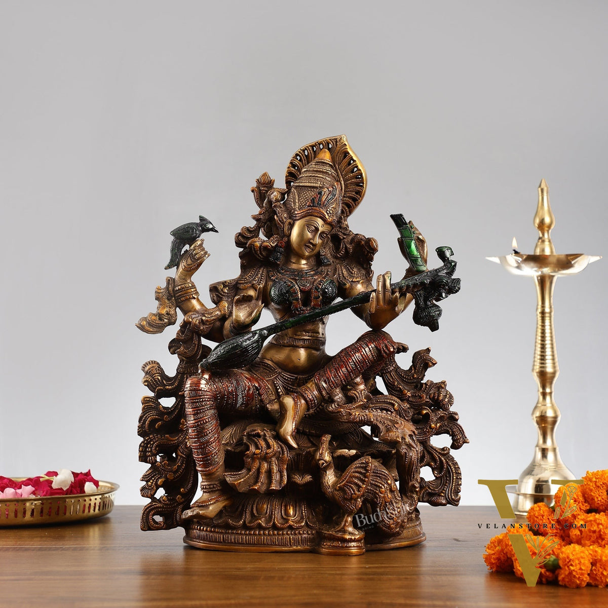 Saraswati brass idol 16 inches hand-painted