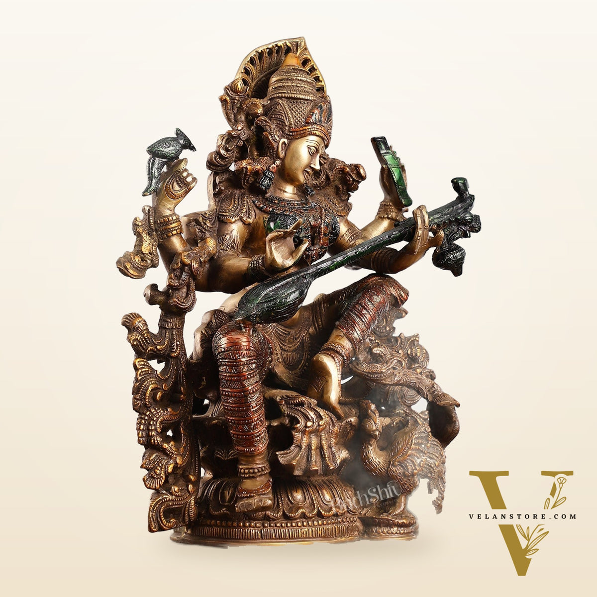 Saraswati brass idol 16 inches hand-painted