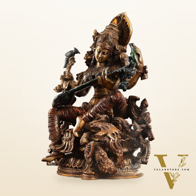 Saraswati brass idol 16 inches hand-painted