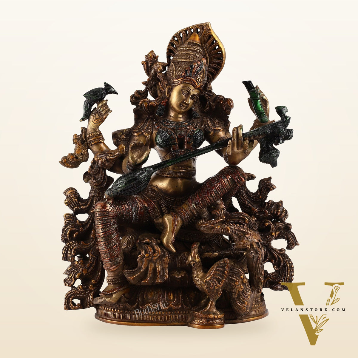 Saraswati brass idol 16 inches hand-painted