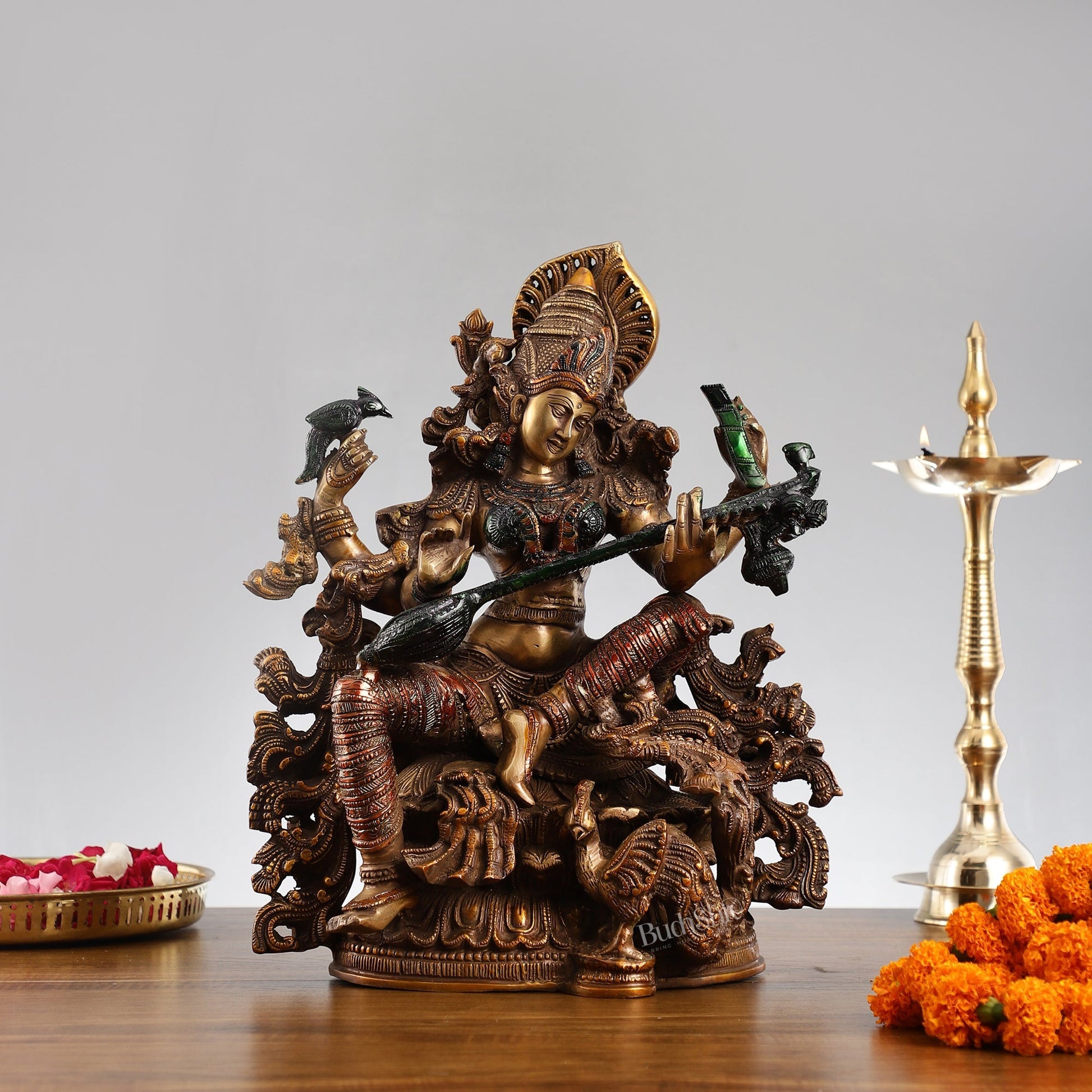 Saraswati brass idol 16 inches hand-painted