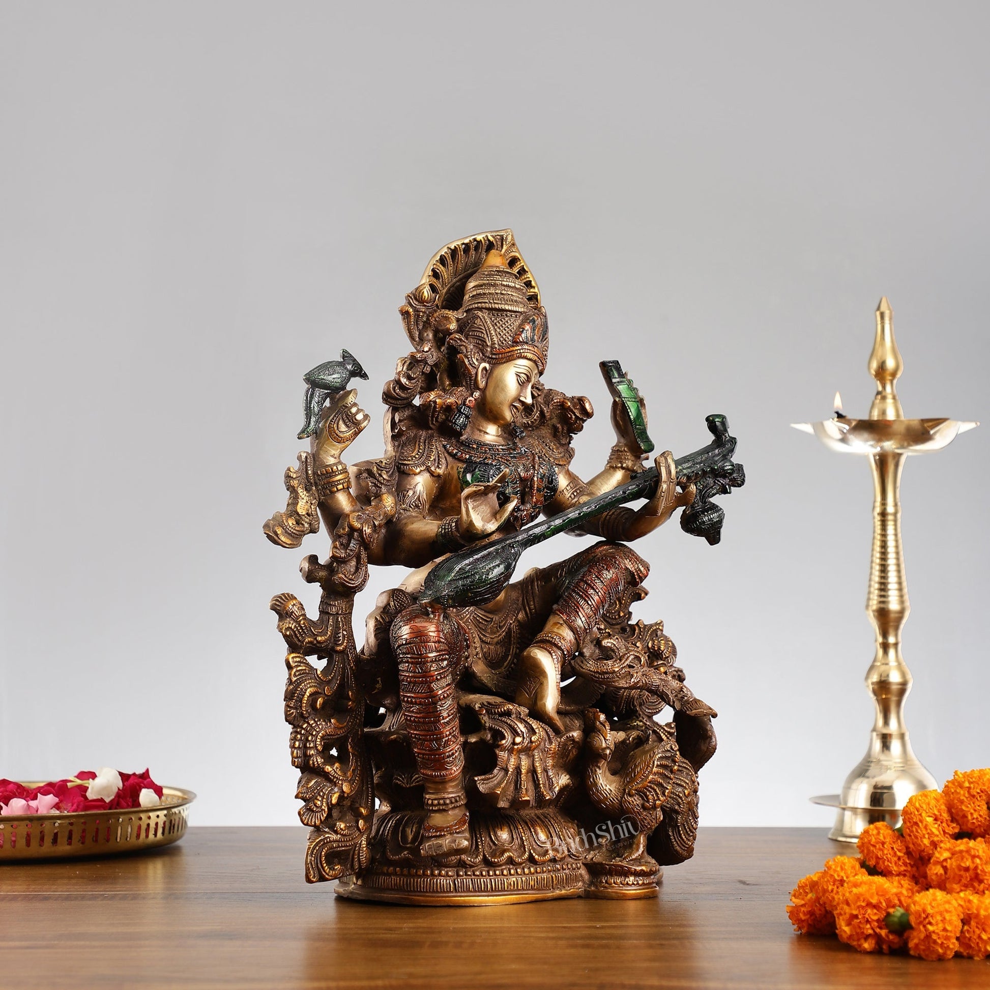 Saraswati brass idol 16 inches hand-painted