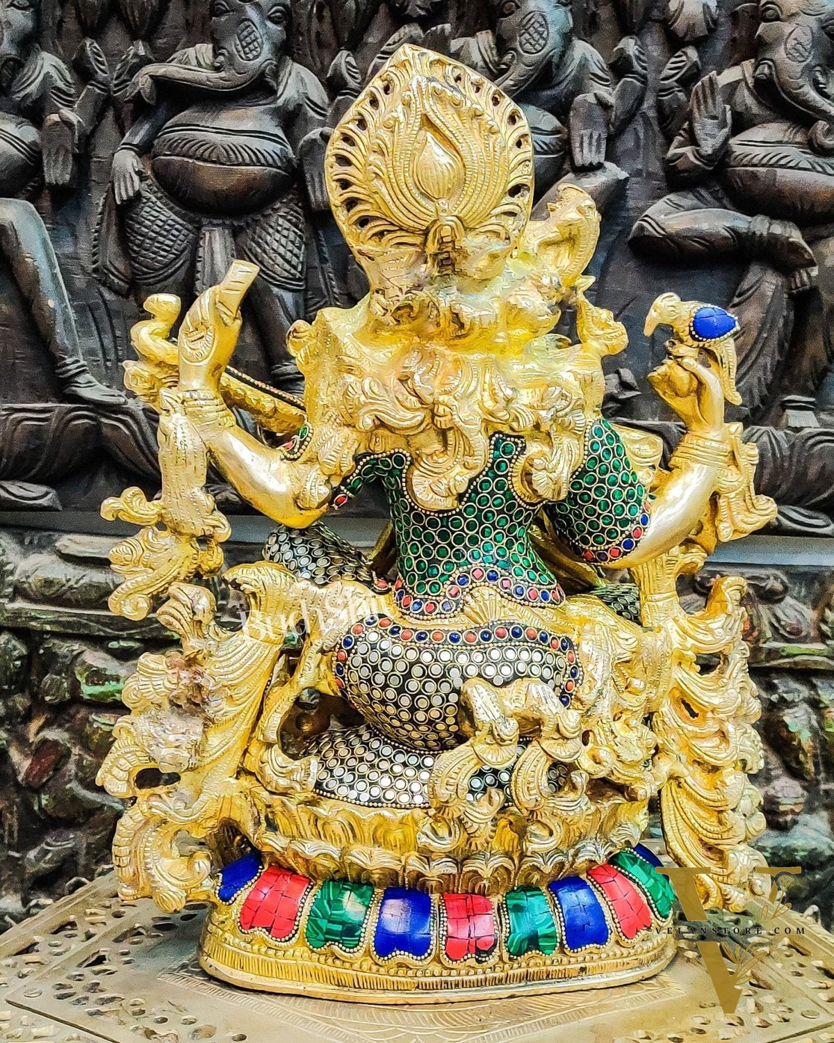 Saraswati brass idol 16 inches with stonework