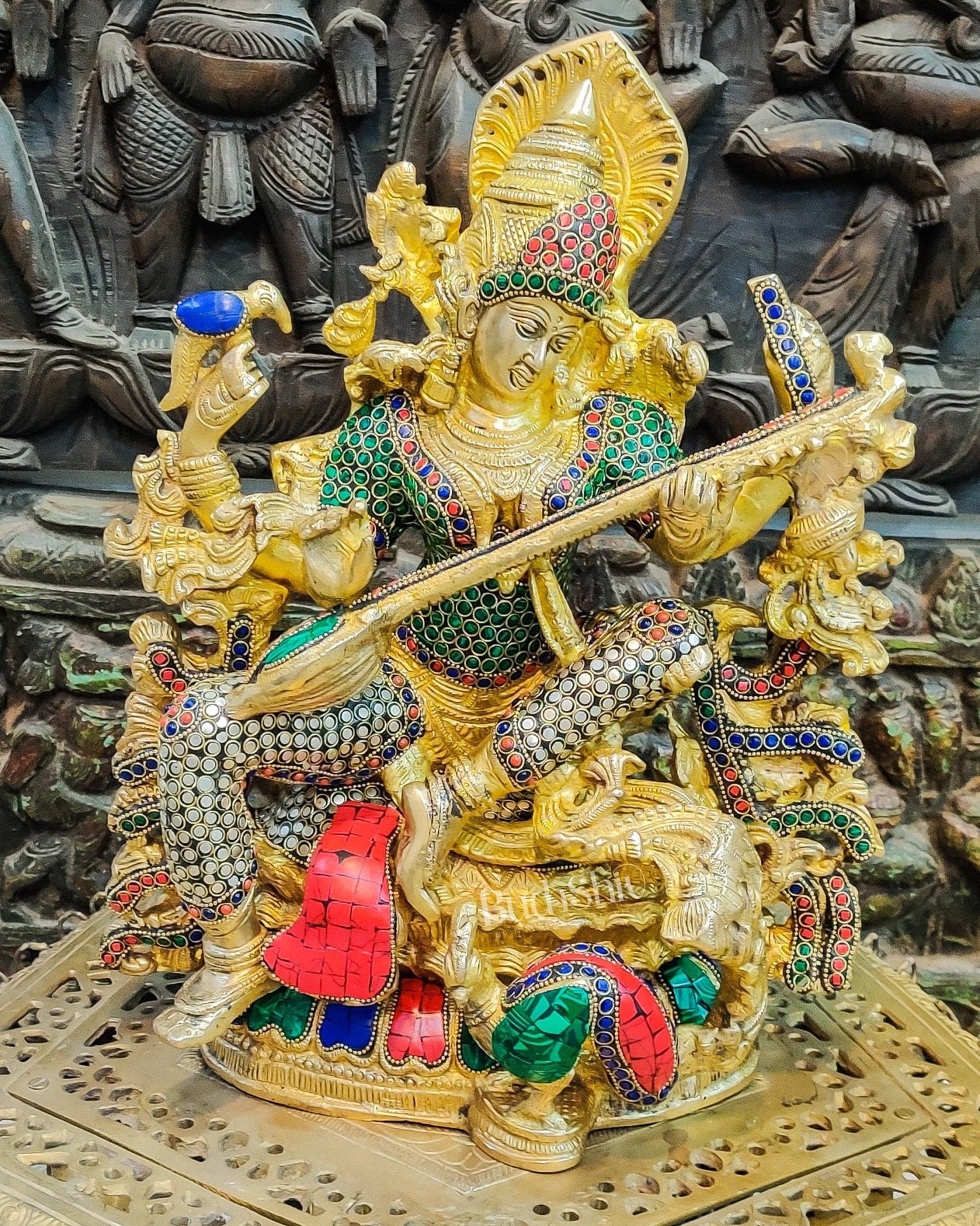 Saraswati brass idol 16 inches with stonework