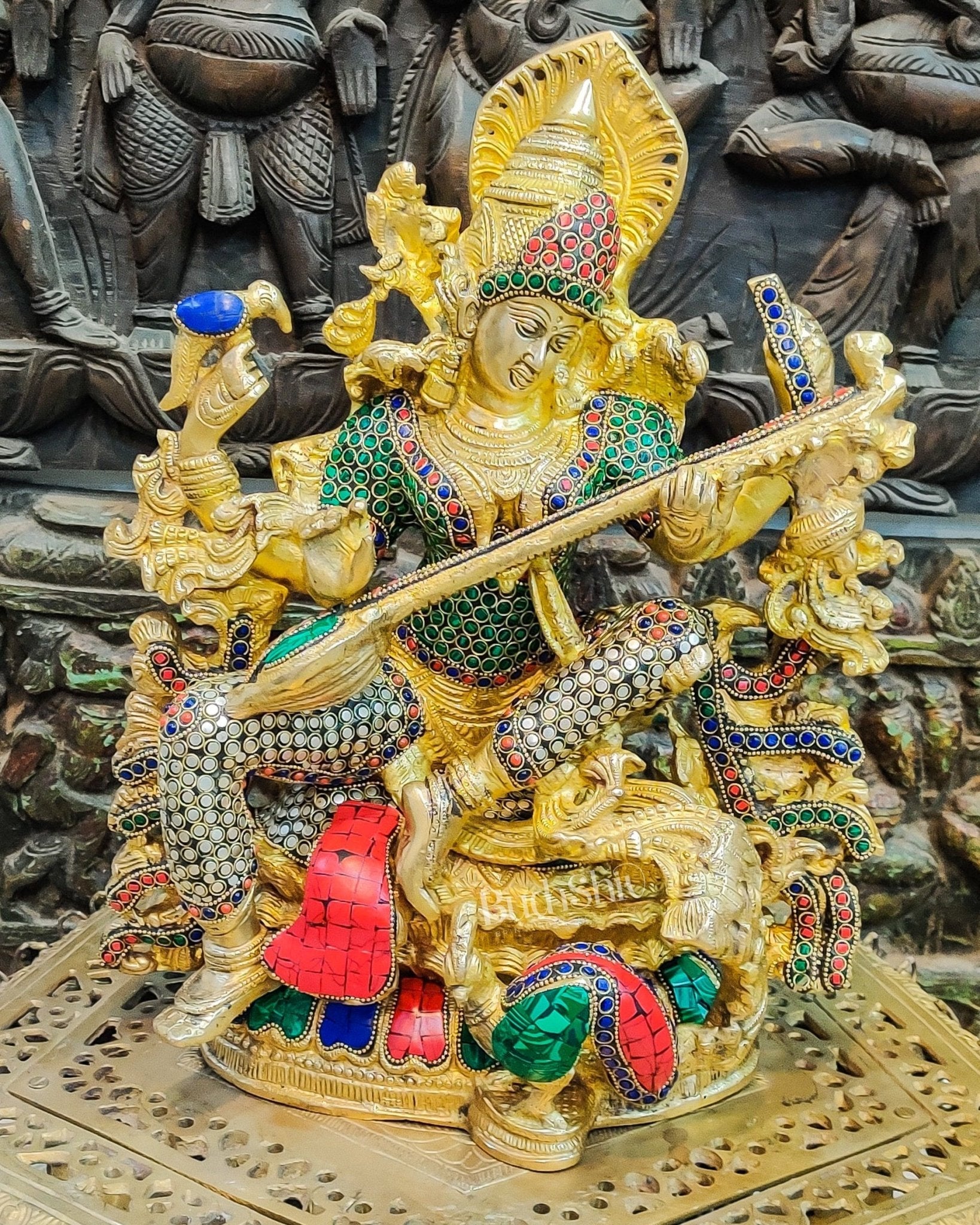 Saraswati brass idol 16 inches with stonework