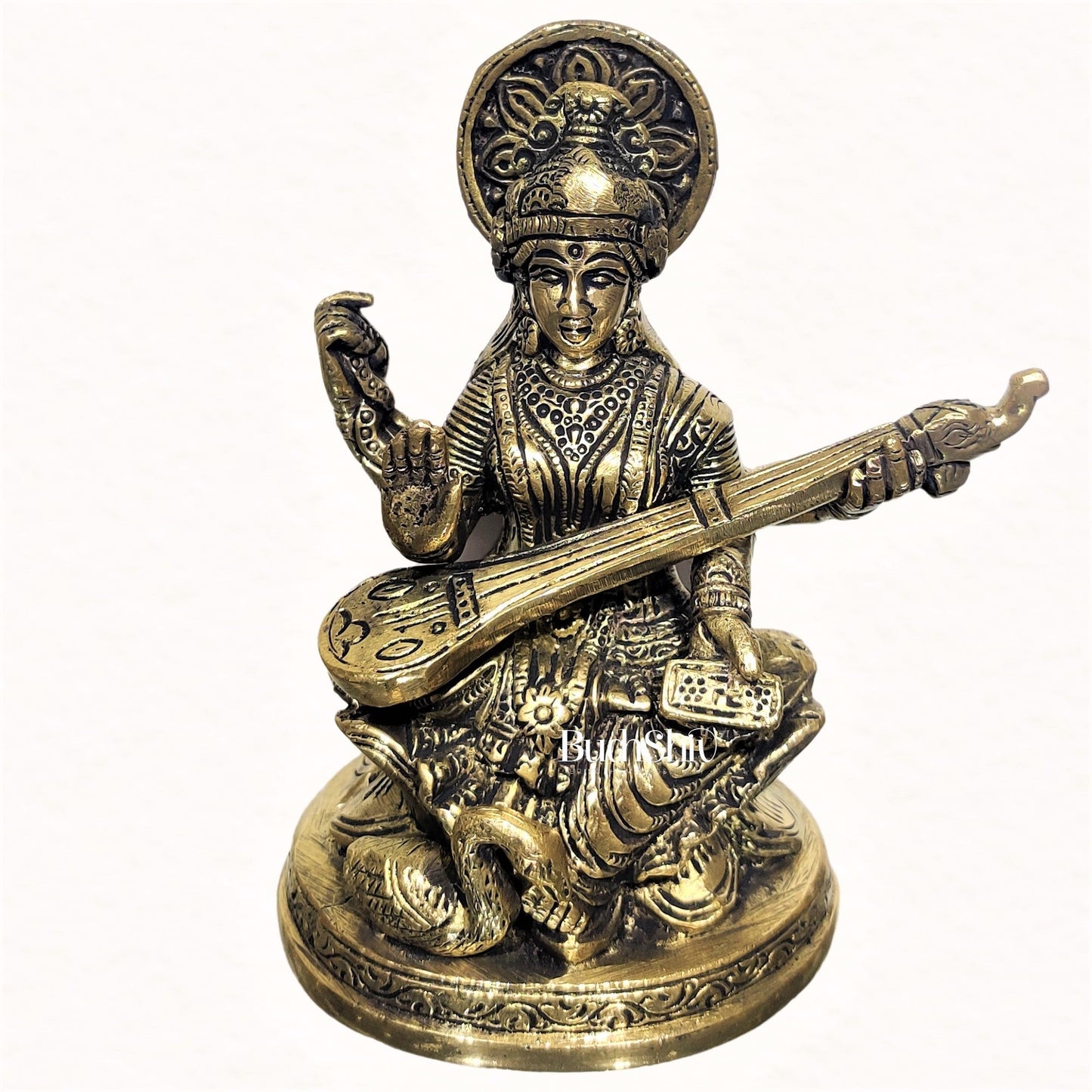 Saraswati brass idol with charcoal finish | suitable for office desk/study table/ temple