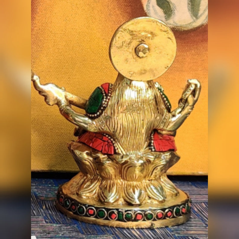 Saraswati enchanting brass idol with stonework | suitable for office desk/study table/ temple