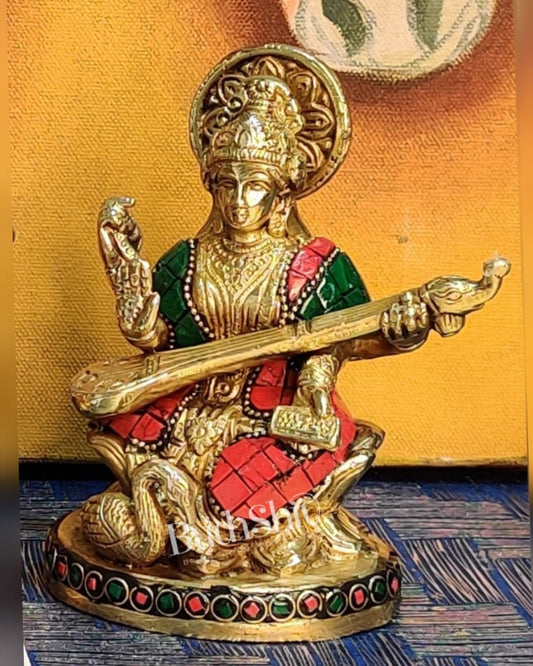 Saraswati enchanting brass idol with stonework | suitable for office desk/study table/ temple