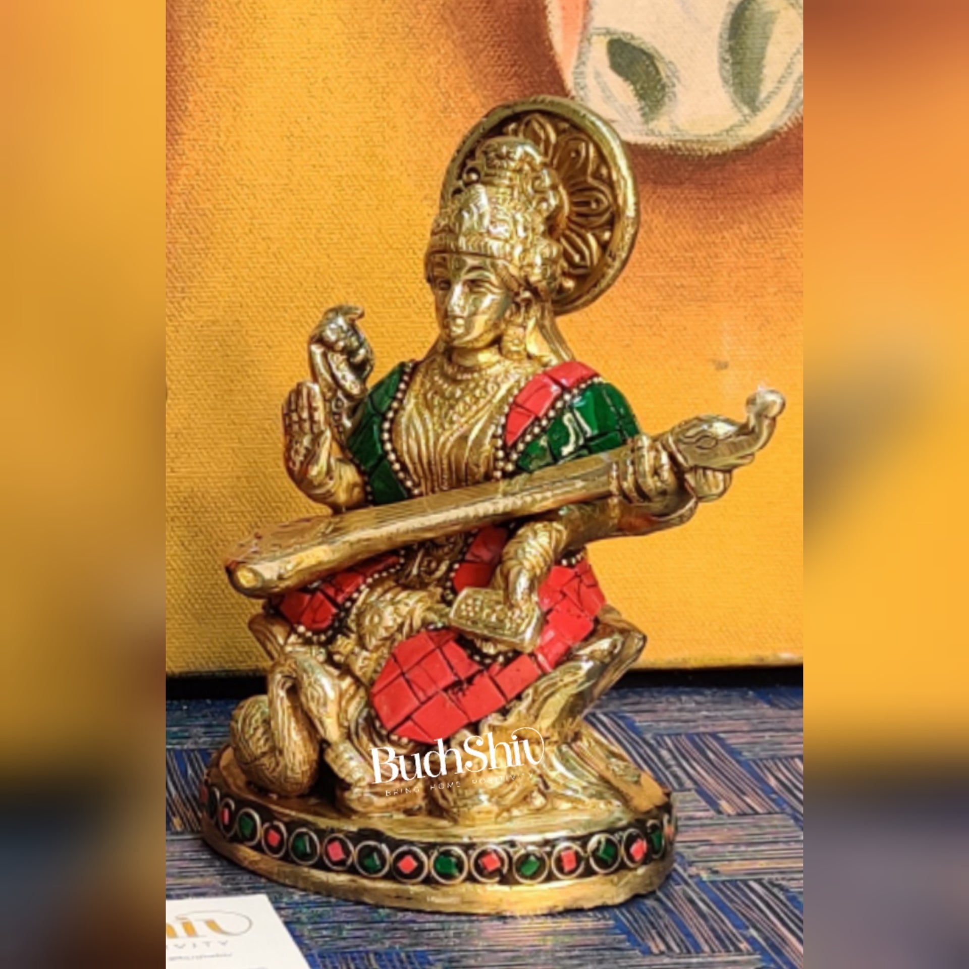Saraswati enchanting brass idol with stonework | suitable for office desk/study table/ temple