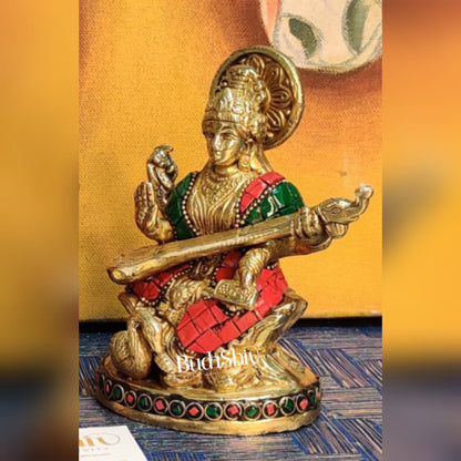 Saraswati enchanting brass idol with stonework | suitable for office desk/study table/ temple