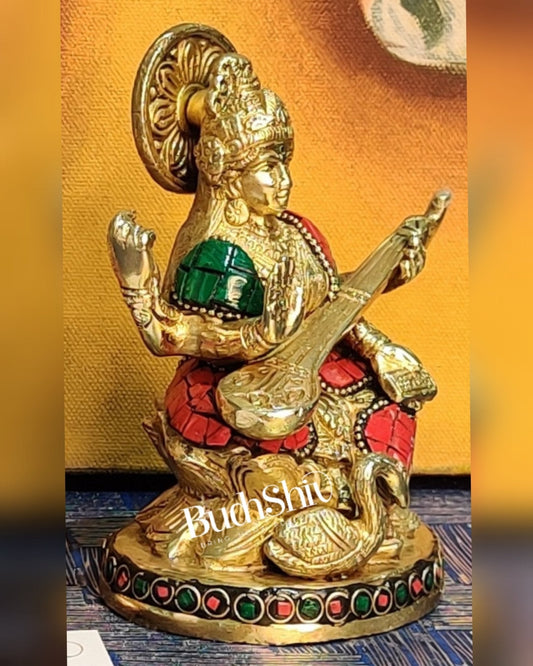 Saraswati enchanting brass idol with stonework | suitable for office desk/study table/ temple