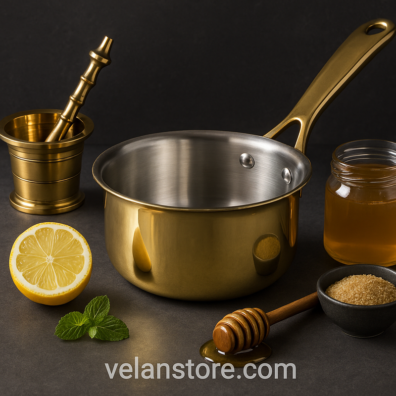 Chai Starter Kit (Brass Saucepan with Insulated handle + Brass Mortar and Pestle)-1
