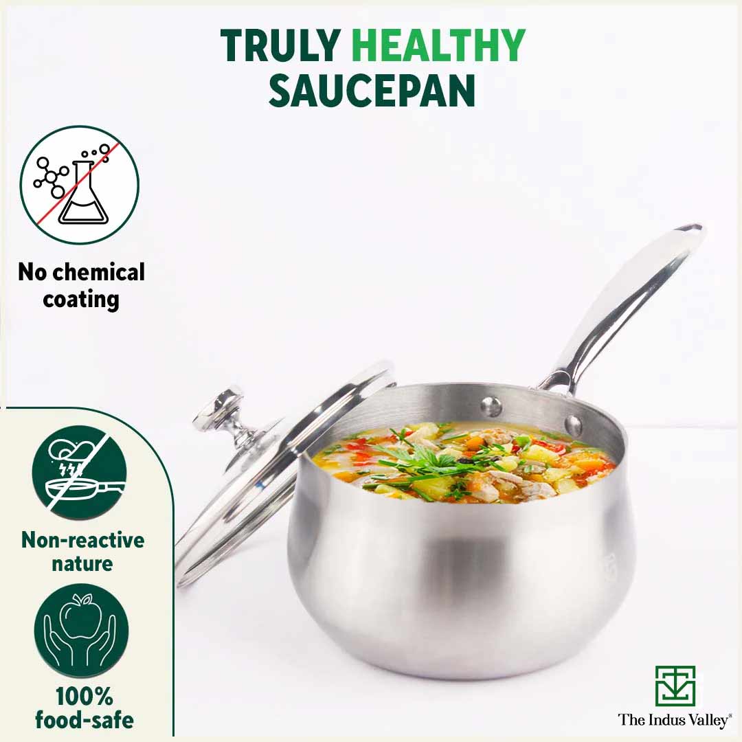 TurboCuk Tri-ply Stainless Steel Saucepan/ Milk/ Tea Pan+ Glass Lid, Premium Quality, 3 Layer Thick Body, 100% Toxin-free, Non-stick,  Induction & Gas, 1.5/3.5L